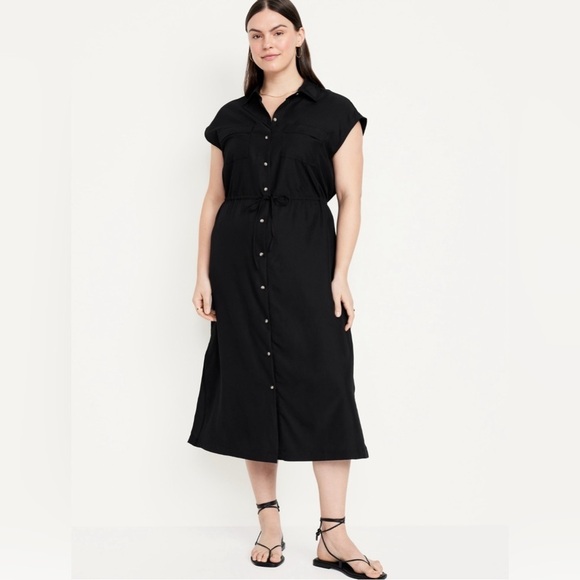 NWT! Old Navy Black Waist-Defined Utility Midi Shirt Dress - Size Large 💜 - Picture 4 of 9